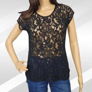 2/$20 Bobeau Black Short Sleeve Lace Blouse Size S | Elegant Casual Top
